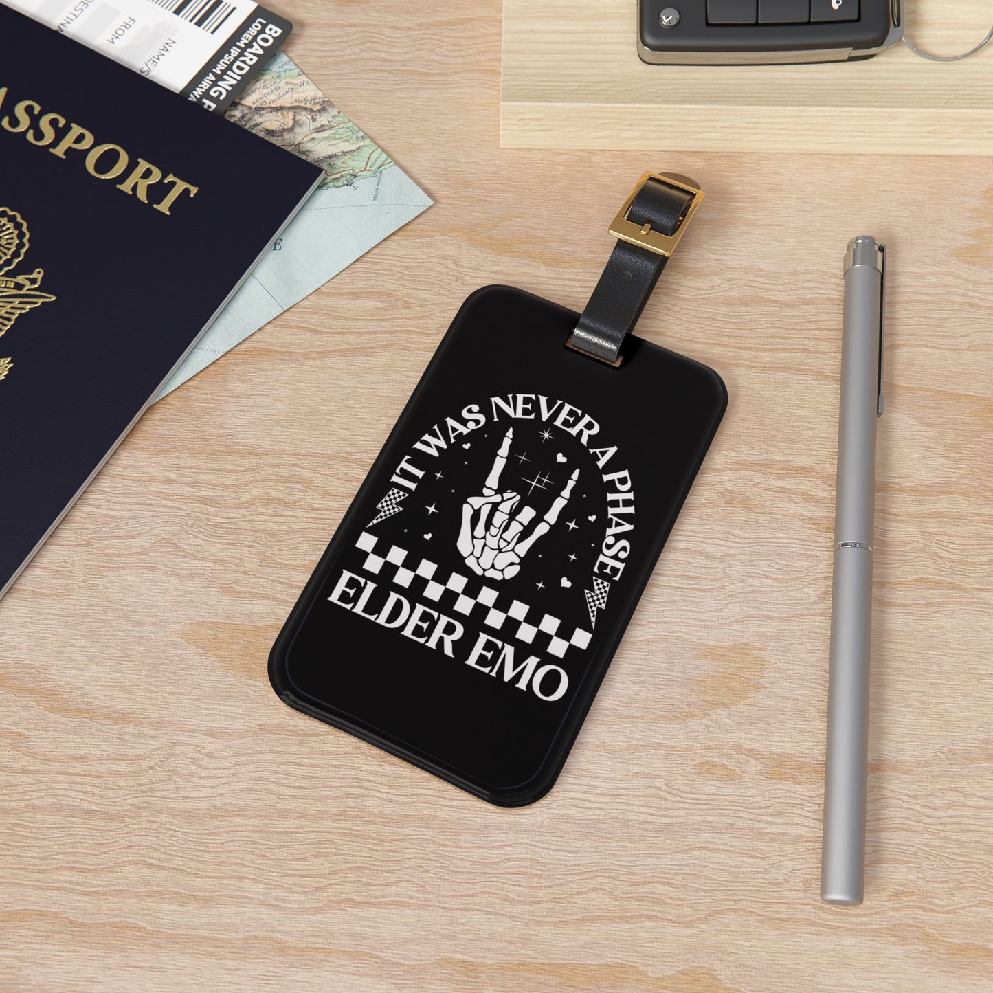 Elder Emo It Was Never a Phase Luggage Tag | Emo Culture Travel Accessory | Gothic Punk Baggage ID Dark Aesthetic Gift Elder Emo Fans Black