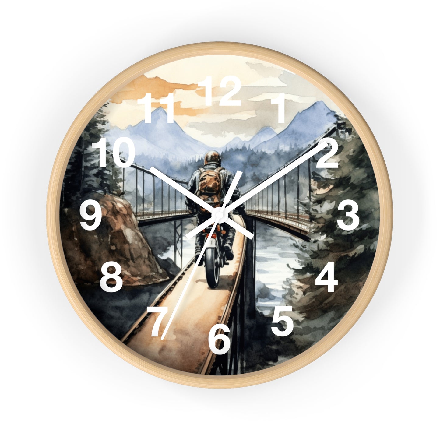 Scenic Bridge Wall Clock | Mountain Forest Peaceful Ride | Motorcycle Art | Unique Biker Decor Nature Adventure Gift Battery Operated Clock