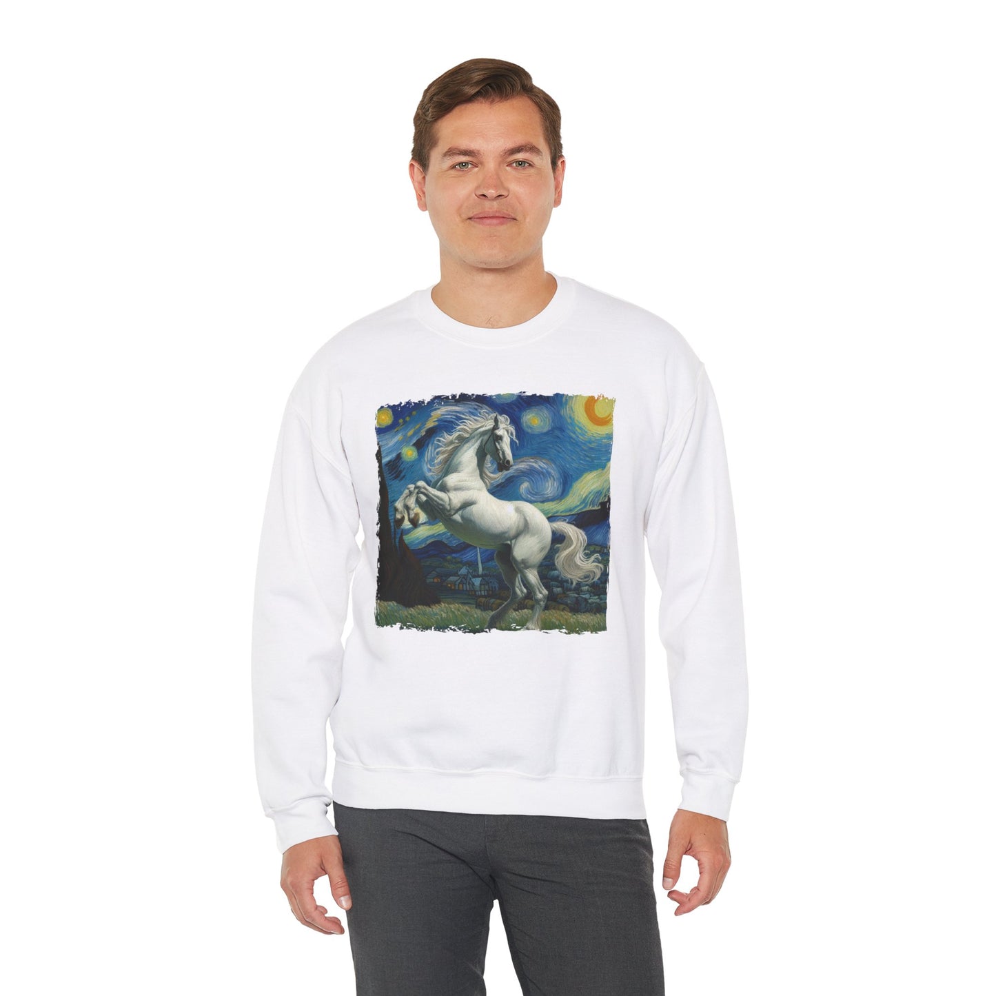 Majestic White Horse Night Sky Crewneck Sweater Starry Night-Inspired Art Pullover Dreamy Horse Lover Gift Unique Funny Horse Parody Sweater