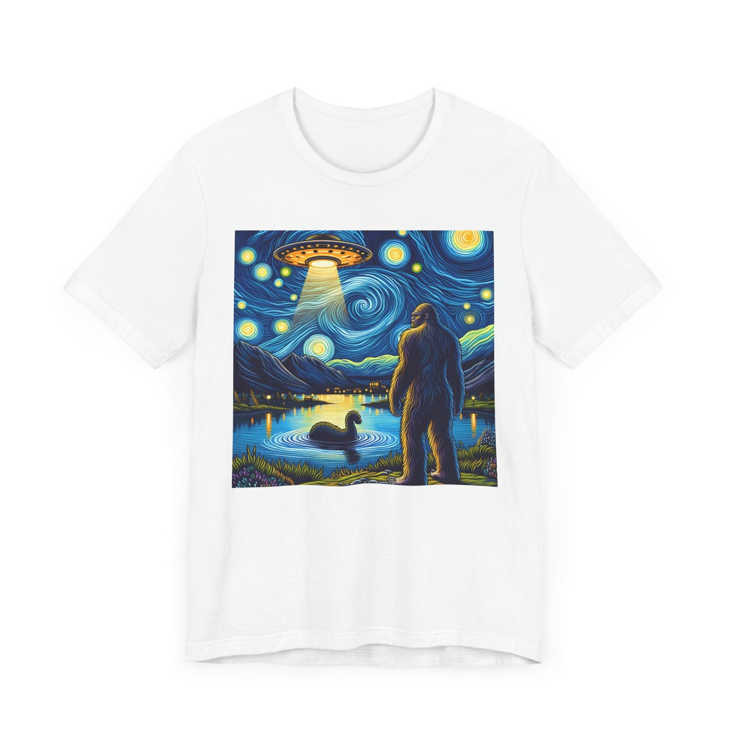 Bigfoot Alien Spaceship Night Sky Shirt | Sasquatch Meets Extraterrestrial Art | Fun UFO Humor Tee | Bigfoot Alien Lovers Gift Starry Night