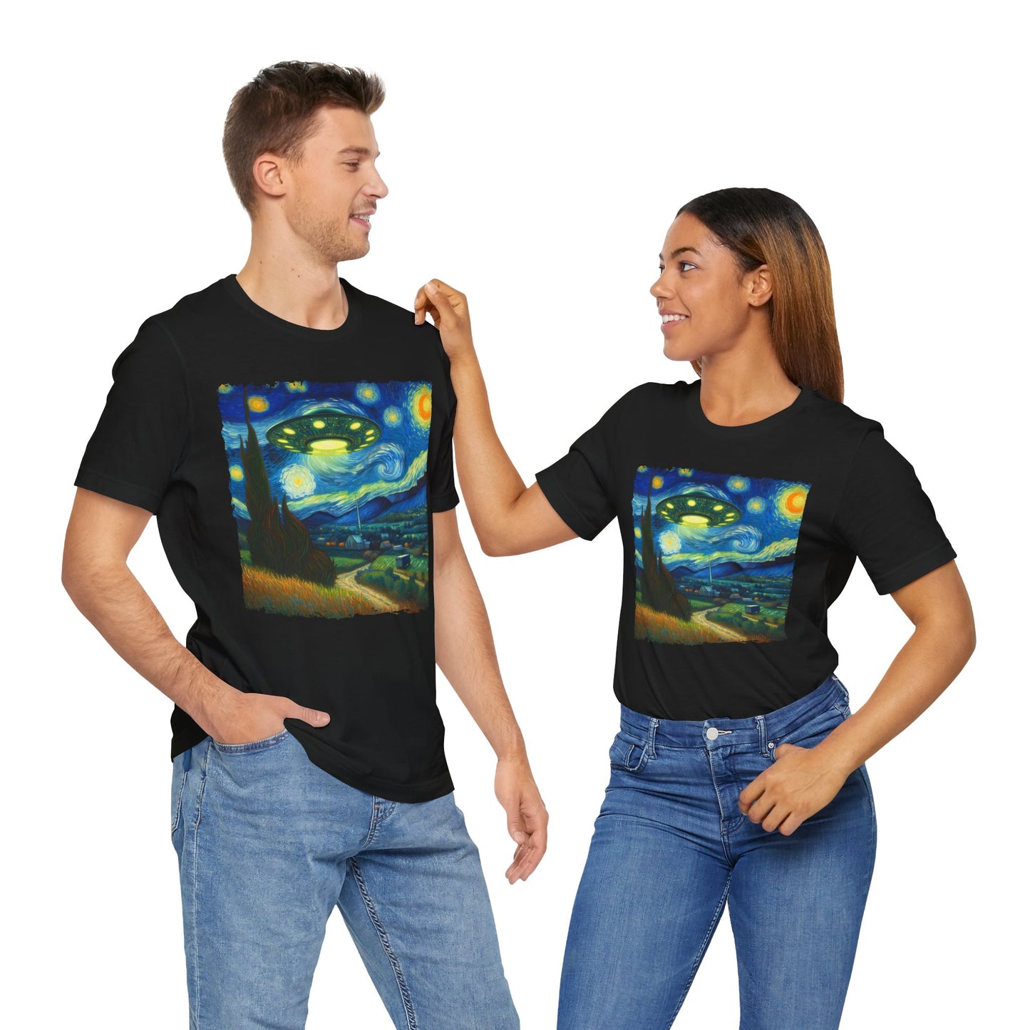 Alien UFO Night Sky Shirt | Starry Night-Inspired Outer Space Art | Cosmic Sci-Fi Tee for Alien Enthusiasts UFO Believers Funny Alien Gift