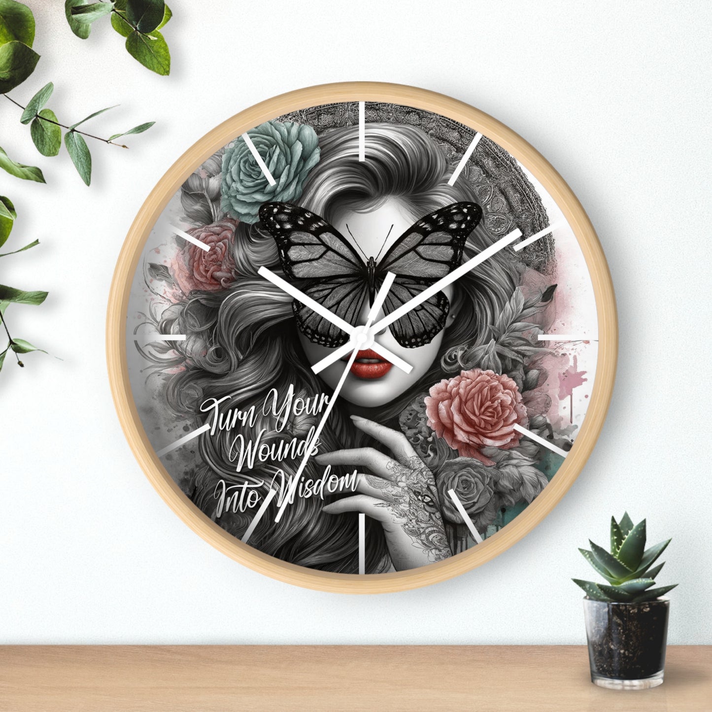 Turn Your Wounds to Wisdom Wall Clock | Inspirational Affirmation Art | Battery Operated | Elegant Woman with Flowers Dark Aesthetic Decor