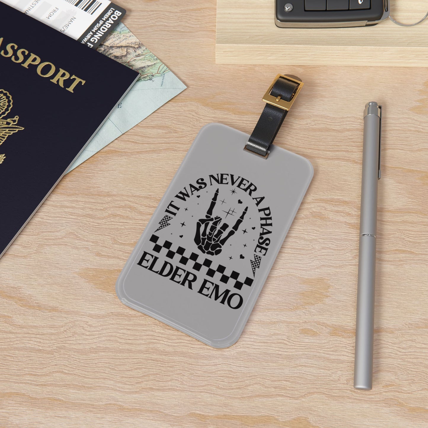 Elder Emo It Was Never a Phase Luggage Tag | Emo Culture Travel Accessory | Gothic Punk Baggage ID | Dark Aesthetic Gift Elder Emo Fans Grey