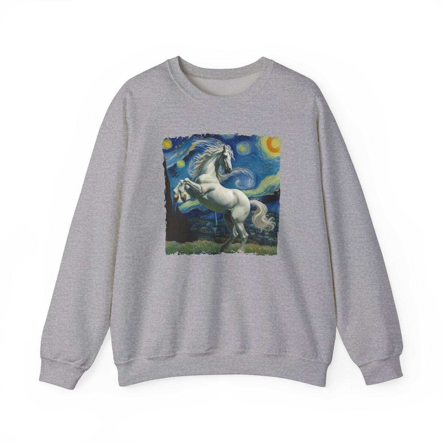 Majestic White Horse Night Sky Crewneck Sweater Starry Night-Inspired Art Pullover Dreamy Horse Lover Gift Unique Funny Horse Parody Sweater