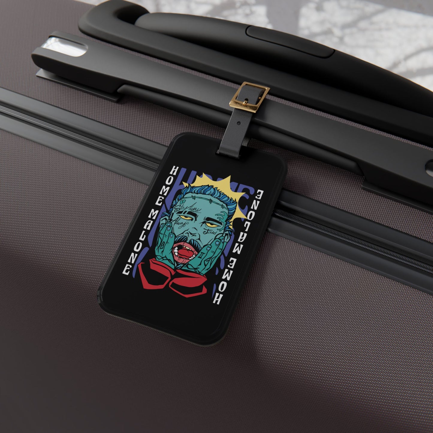 Home Malone Luggage Tag | Funny Posty Christmas Baggage ID | Hilarious Holiday Travel Accessory | Perfect Gift for Festive Pun Lovers