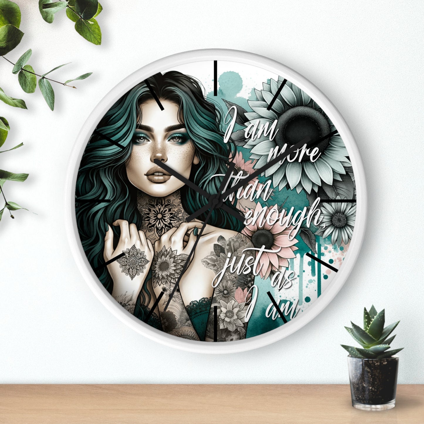 I Am More Than Enough Wall Clock | Affirmation Quote Art | Battery Operated Beautiful Woman with Flowers Dark Aesthetic Manifestation Decor