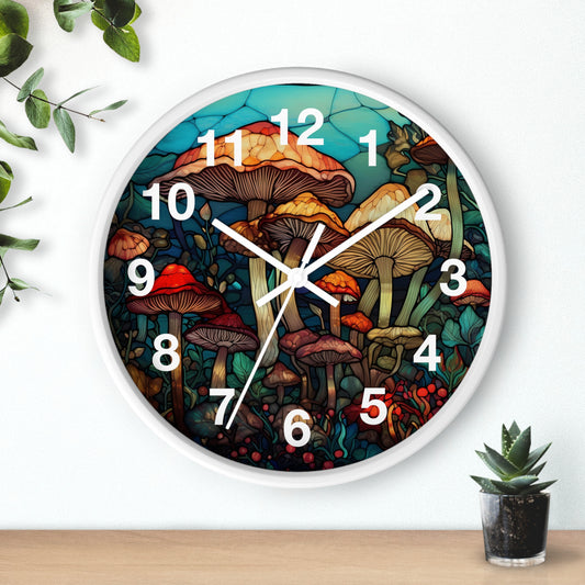 Stained Glass Mushroom Wall Clock | Psychedelic Rave Shroom Decor | Trippy Stain Glass Design | Battery Operated | Unique Garden Gift