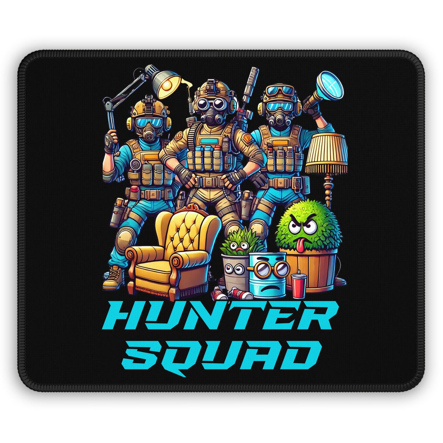 Hunter Squad Cartoon Non Slip Mouse Pad | Tactical Prop Hunt Team Design | Funny Gamer Illustration | Dynamic Props & Hunters Battle Scene