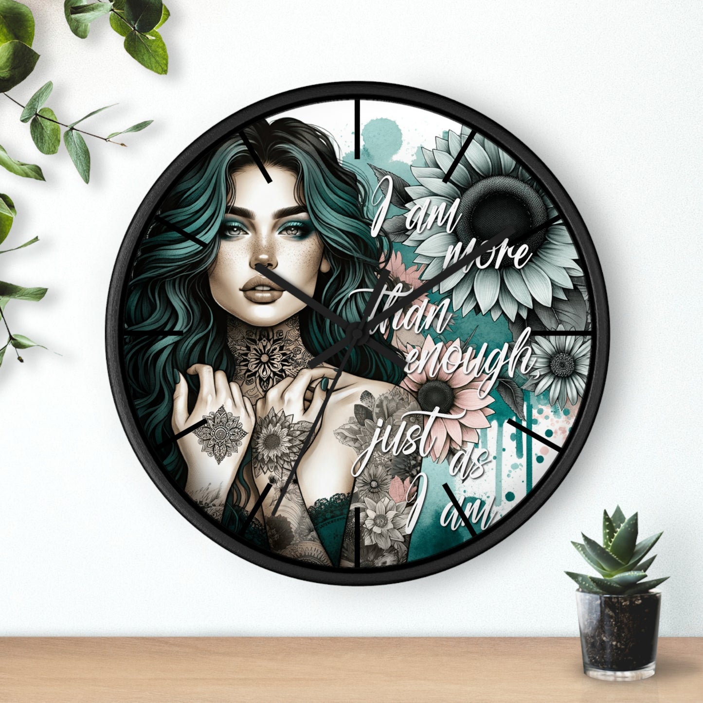 I Am More Than Enough Wall Clock | Affirmation Quote Art | Battery Operated Beautiful Woman with Flowers Dark Aesthetic Manifestation Decor