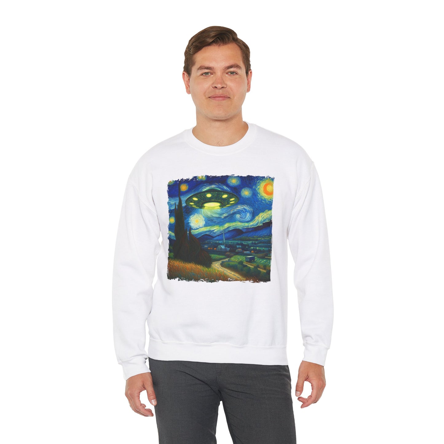 Alien UFO Night Sky Crewneck Sweater | Starry Night-Inspired Outer Space Art Pullover | Cosmic Sci-Fi  Sweatshirt Alien UFO Believers