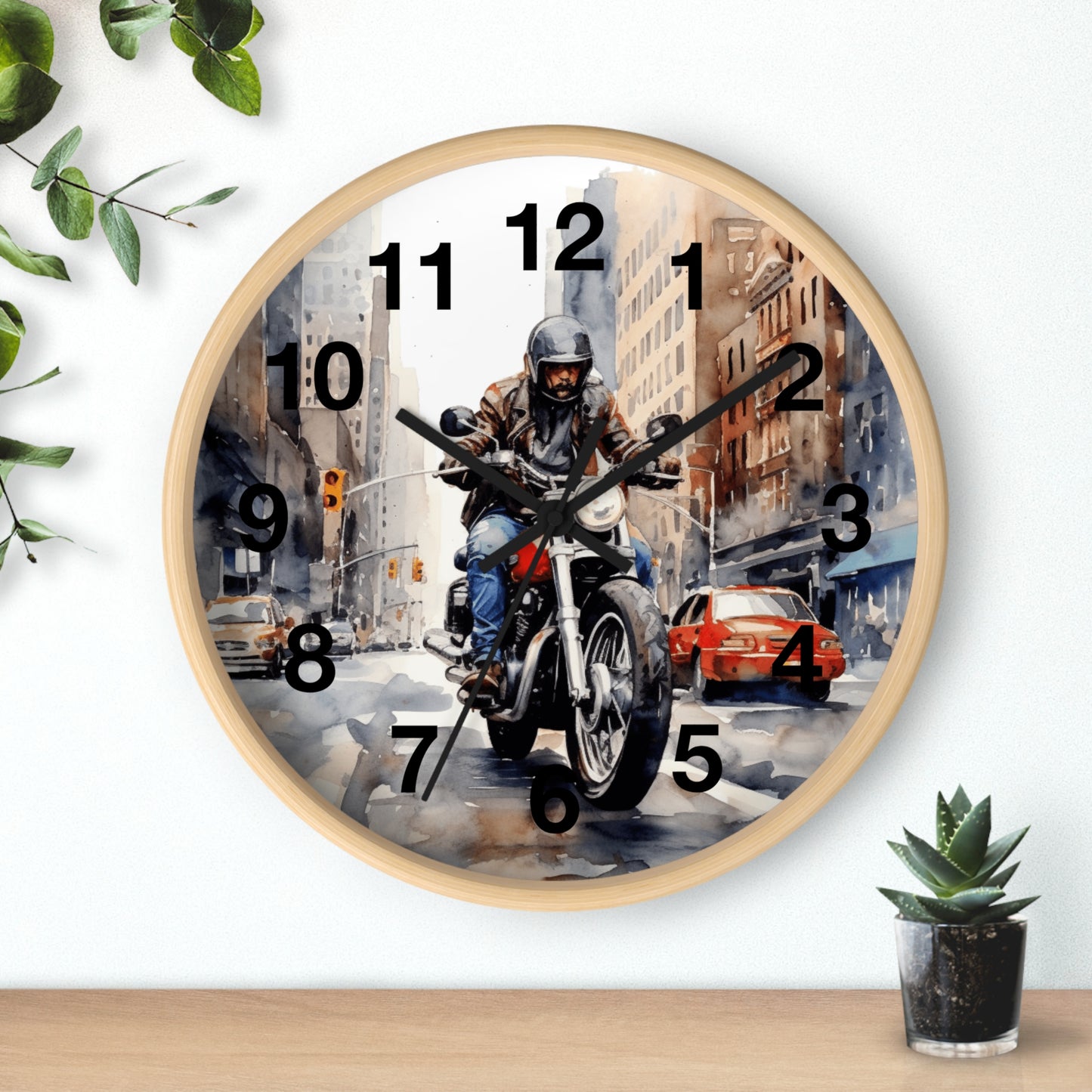 City Street Motorcycle Wall Clock | Urban Biker Decor | Rider Through City Art | Unique Gift for Bikers Cool Man Cave Clock Battery Operated