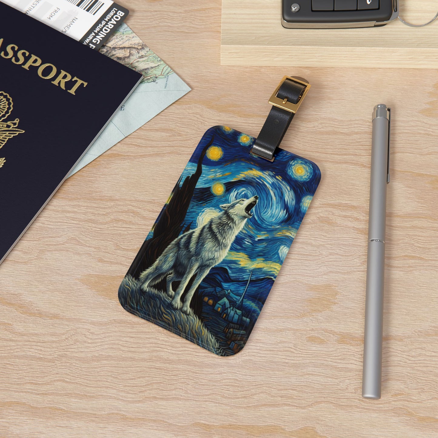 Lone Wolf Night Sky Luggage Tag | Starry Night-Inspired Travel Accessory | Mystical Wolf Baggage ID | Nature & Wilderness Lover Gift