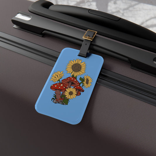 Cute Trippy Mushroom Sunflower Luggage Tag | Adorable Hippie Baggage ID | Boho Festival Travel Accessory for Mushroom Lovers Flowers Shroomy