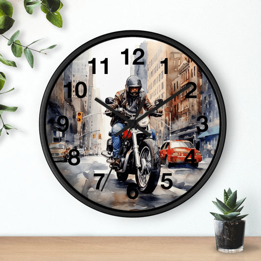 City Street Motorcycle Wall Clock | Urban Biker Decor | Rider Through City Art | Unique Gift for Bikers Cool Man Cave Clock Battery Operated