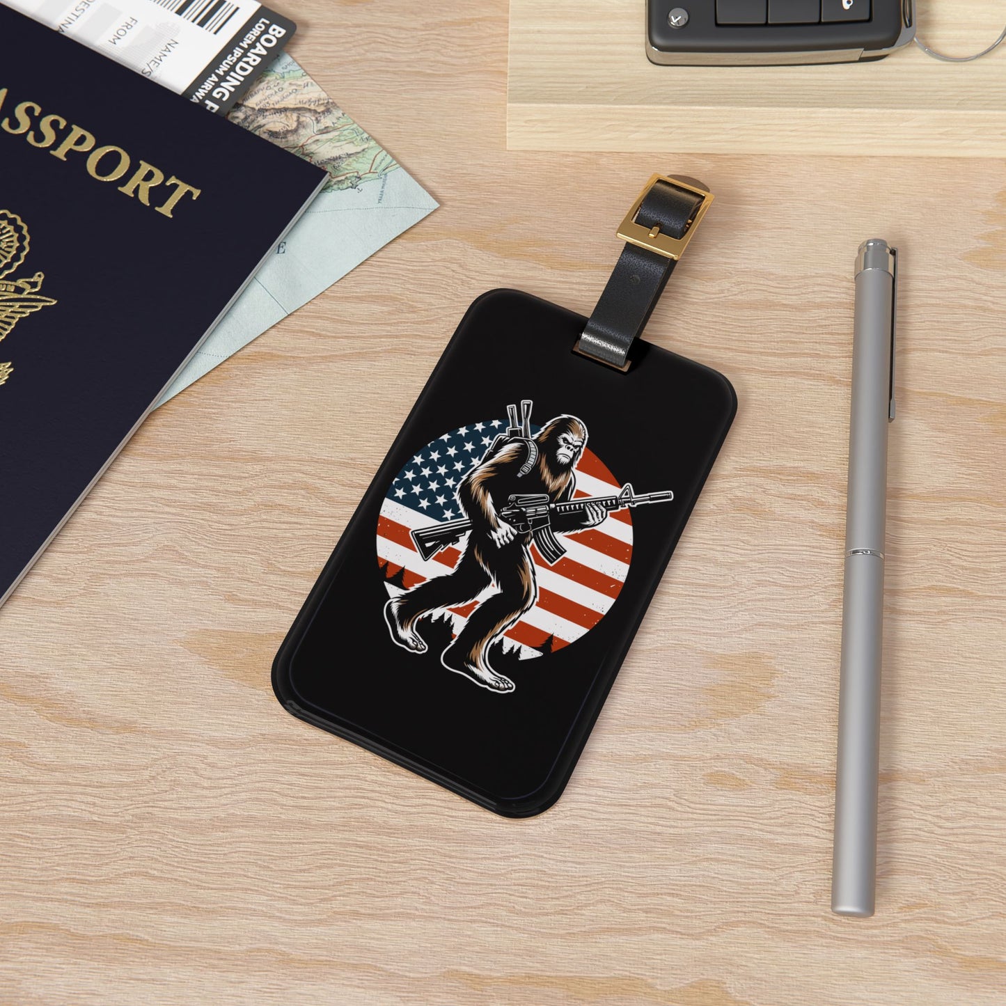 Bigfoot American Flag 2A Luggage Tag | Patriotic Sasquatch Gun Baggage ID USA Freedom Travel Accessory 2nd Amendment Supporter Bigfoot Fans