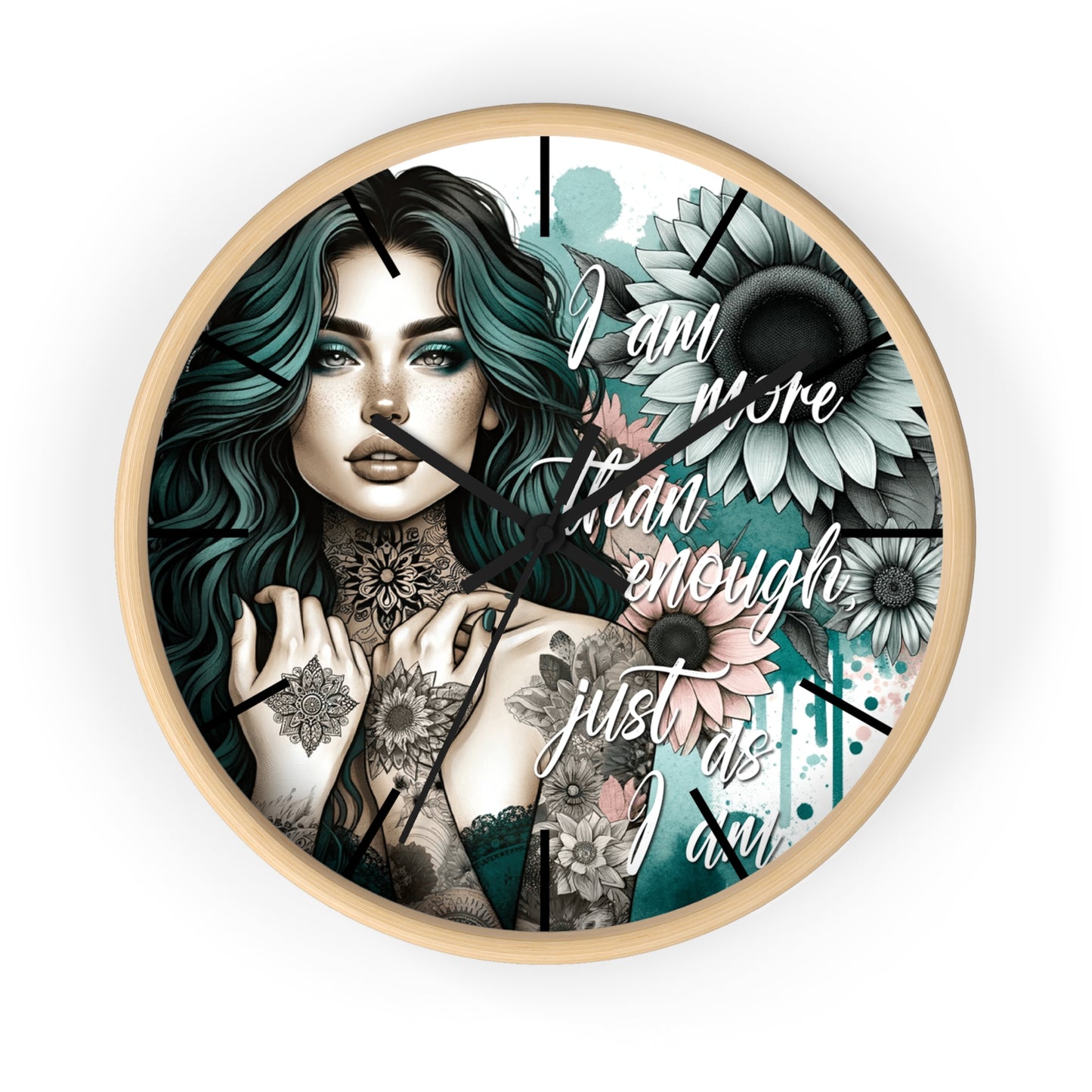 I Am More Than Enough Wall Clock | Affirmation Quote Art | Battery Operated Beautiful Woman with Flowers Dark Aesthetic Manifestation Decor