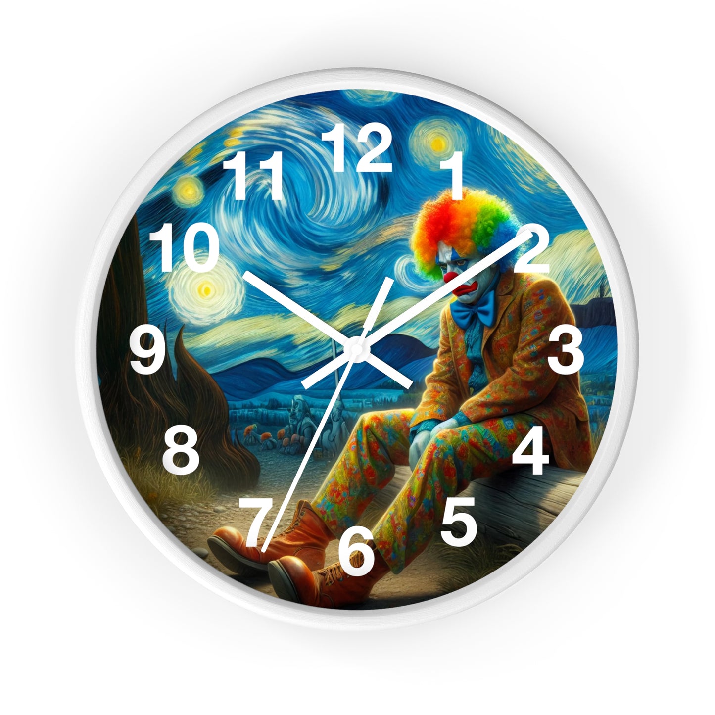 Sad Clown Night Sky Wall Clock | Battery Operated | Melancholic Art Inspired by Starry Night | Unique Gift Clown Lovers Artistic Wall Decor