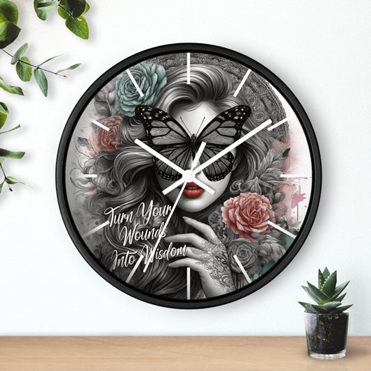 Turn Your Wounds to Wisdom Wall Clock | Inspirational Affirmation Art | Battery Operated | Elegant Woman with Flowers Dark Aesthetic Decor