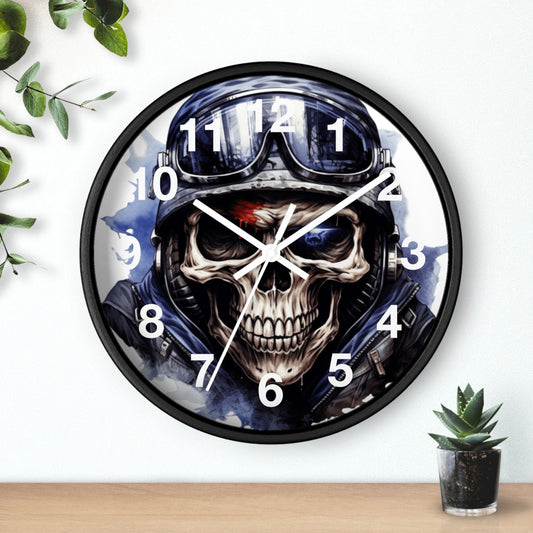 Splash Watercolor Blue Skull Biker Wall Clock | Colorful Motorcycle Art Decor | Battery Operated | Unique Gift for Bikers Man Cave