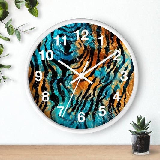 Blue and Orange Tiger Print Wall Clock | Trippy Animal Art | Battery Operated | Unique Teen Room Decor | Perfect Gift for Animal Lovers