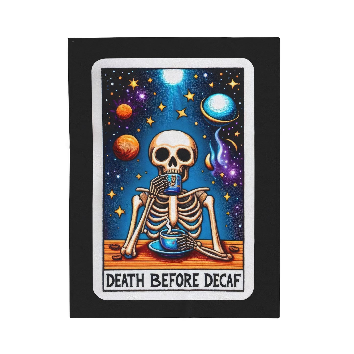 Death Before Decaf Tarot Card Velveteen Plush Blanket | Caffeine Addict Coffee Lover Gift | Cozy Throw Blanket for Espresso Enthusiasts