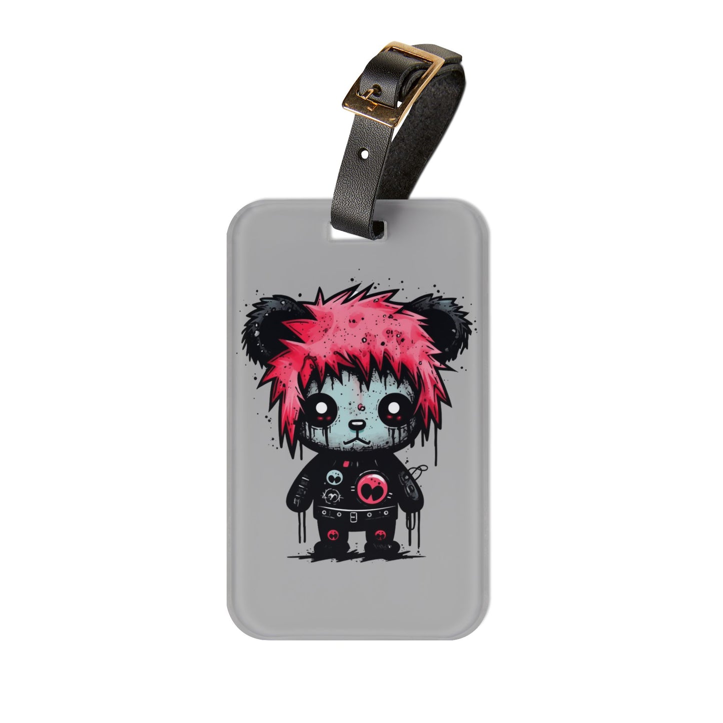 Emo Grunge Pink Hair Death Stare Bear Luggage Tag | Edgy Streetwear Travel Accessory | Alternative Fashion Baggage ID | Goth Bear Elder Emo