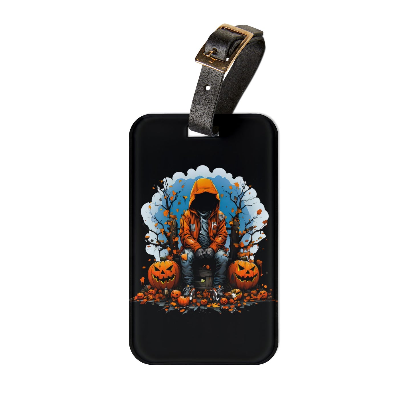 Gangster Pumpkin Sitting Down Luggage Tag | Hip Hop Jack O Lantern Halloween Baggage ID | Urban Culture Pumpkin Travel Accessory Bad Batch