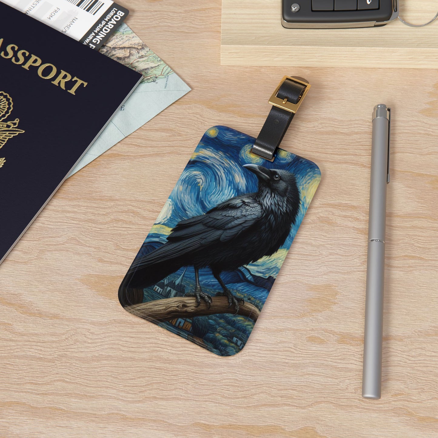 Black Raven Night Sky Luggage Tag | Starry Night-Inspired Gothic Travel Accessory | Raven Lovers Baggage ID | Witchy Gift