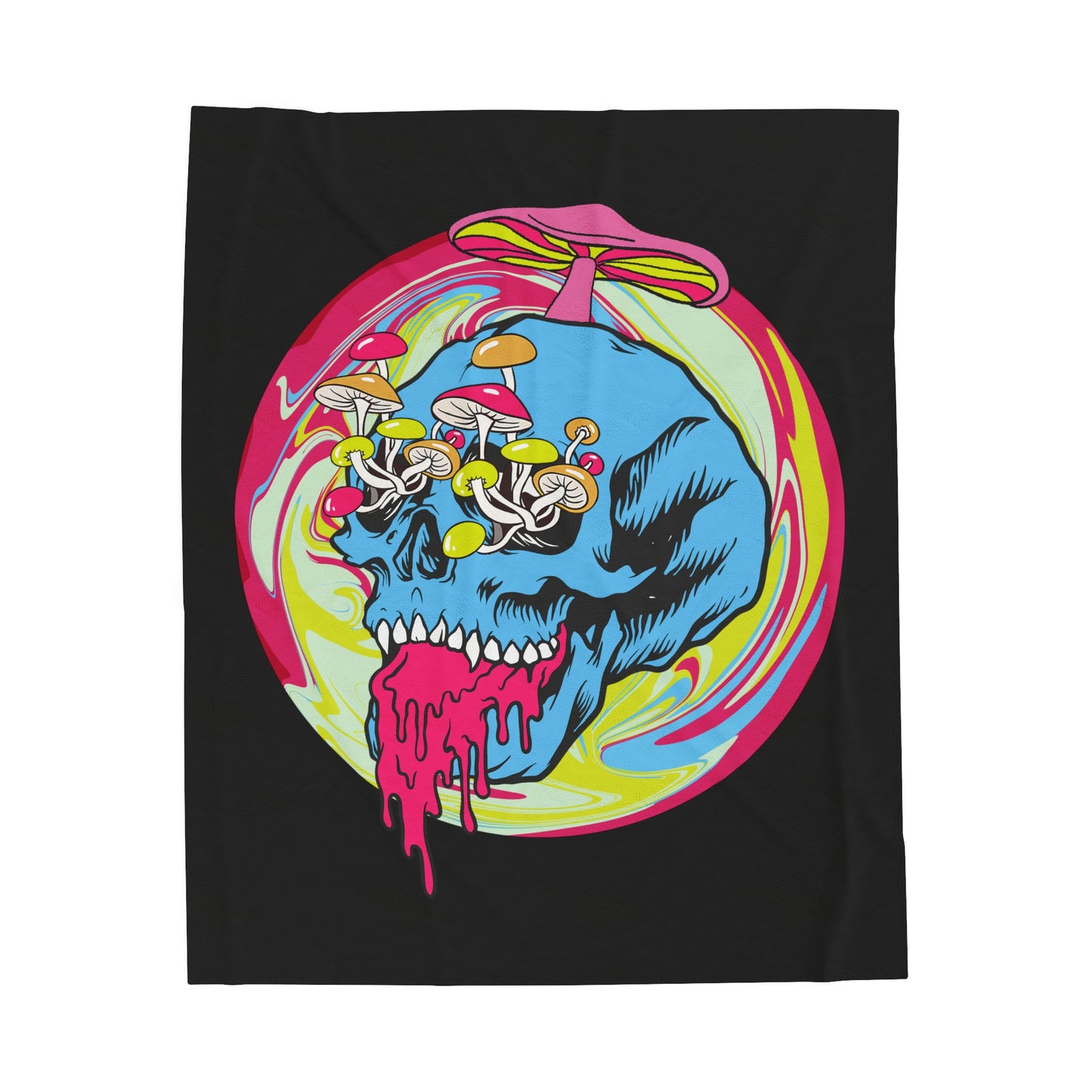 Trippy Skull Mushroom Velveteen Plush Throw Blanket | Psychedelic Vibrant Shroom Art Melting Skull Blanket Festival Rave Lovers Unique Gift