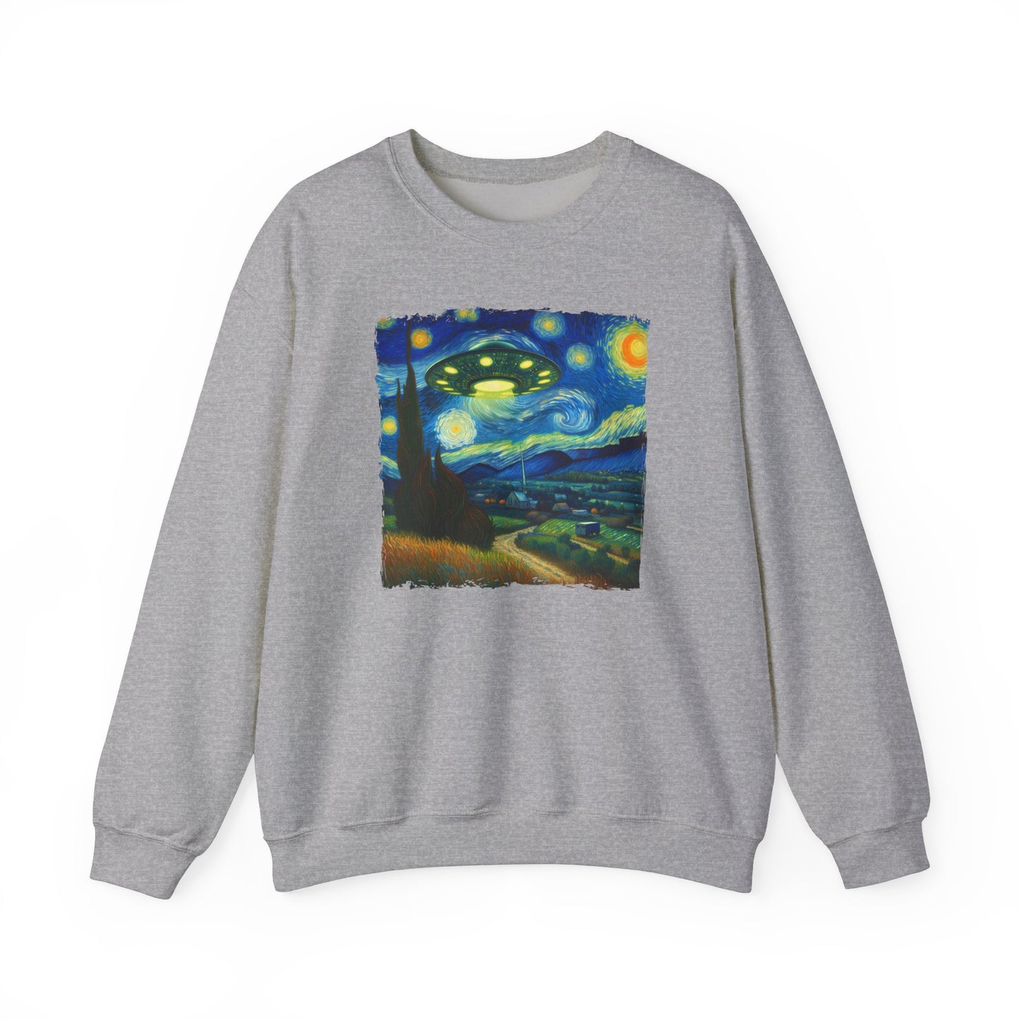 Alien UFO Night Sky Crewneck Sweater | Starry Night-Inspired Outer Space Art Pullover | Cosmic Sci-Fi  Sweatshirt Alien UFO Believers