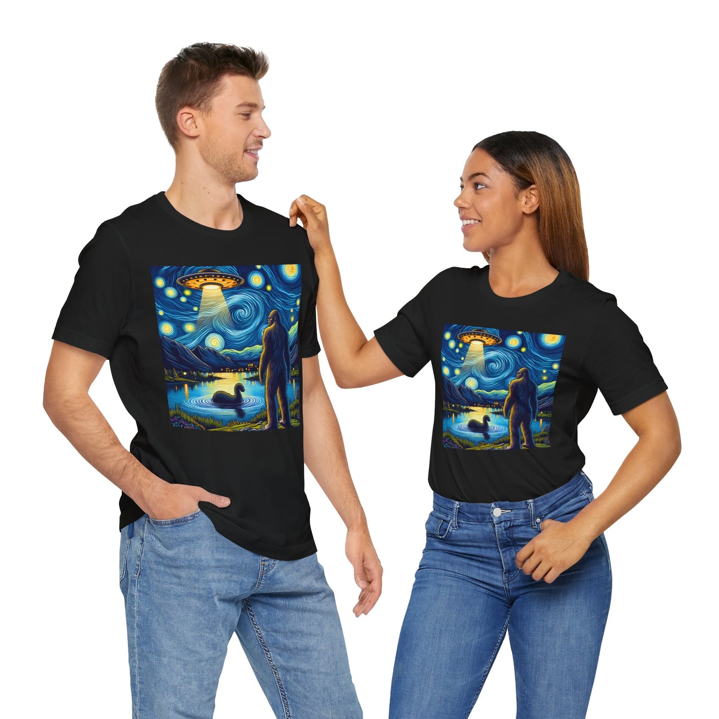 Bigfoot Alien Spaceship Night Sky Shirt | Sasquatch Meets Extraterrestrial Art | Fun UFO Humor Tee | Bigfoot Alien Lovers Gift Starry Night