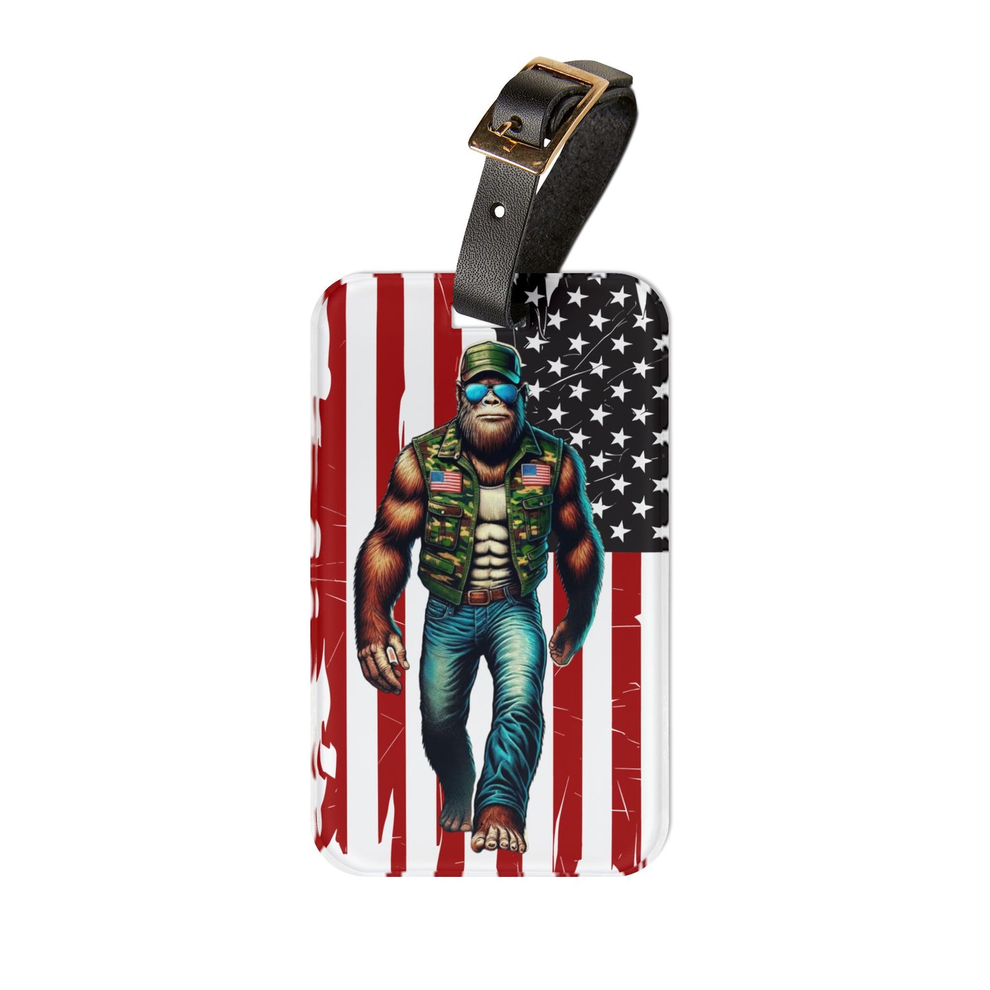 Bigfoot Military Support American Flag Luggage Tag | Patriotic Sasquatch Baggage ID USA Pride Travel Accessory Bigfoot Fans | Military Gift