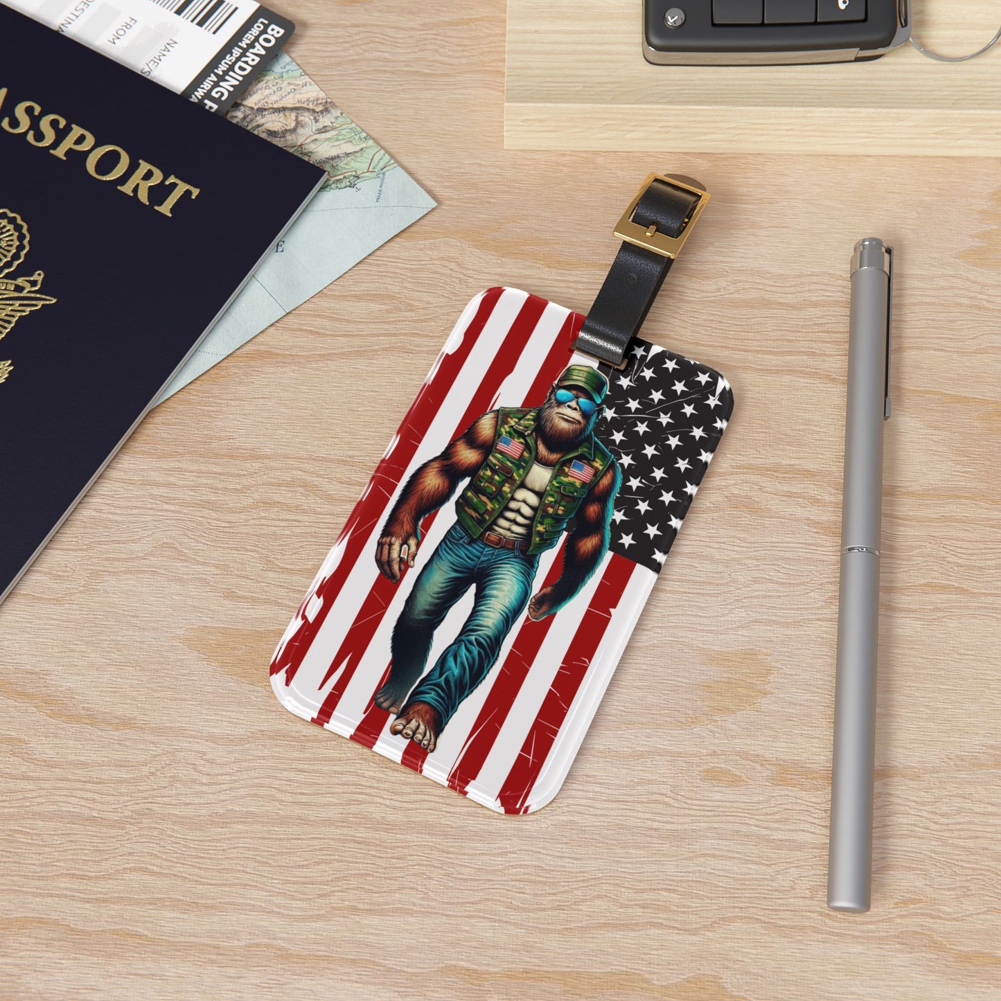 Bigfoot Military Support American Flag Luggage Tag | Patriotic Sasquatch Baggage ID USA Pride Travel Accessory Bigfoot Fans | Military Gift