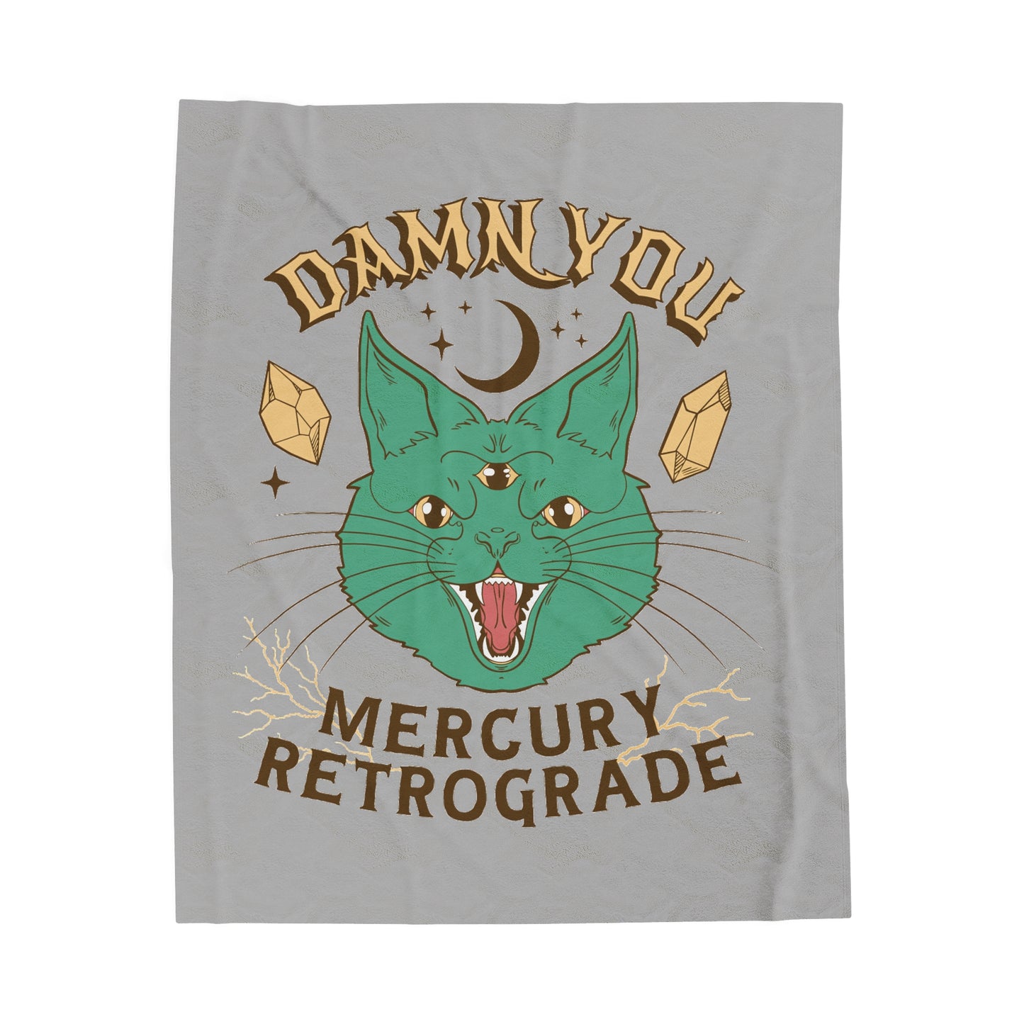 Damn You Mercury Retrograde Velveteen Plush Throw Blanket Trippy Three-Eyed Cat Design Spiritual Witchy Crystal Decor Astrology Zodiac Lover