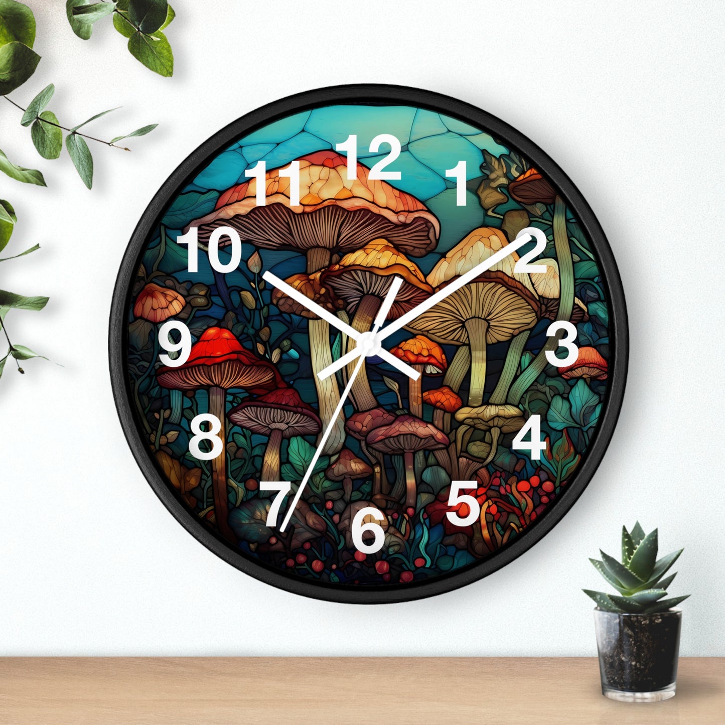 Stained Glass Mushroom Wall Clock | Psychedelic Rave Shroom Decor | Trippy Stain Glass Design | Battery Operated | Unique Garden Gift