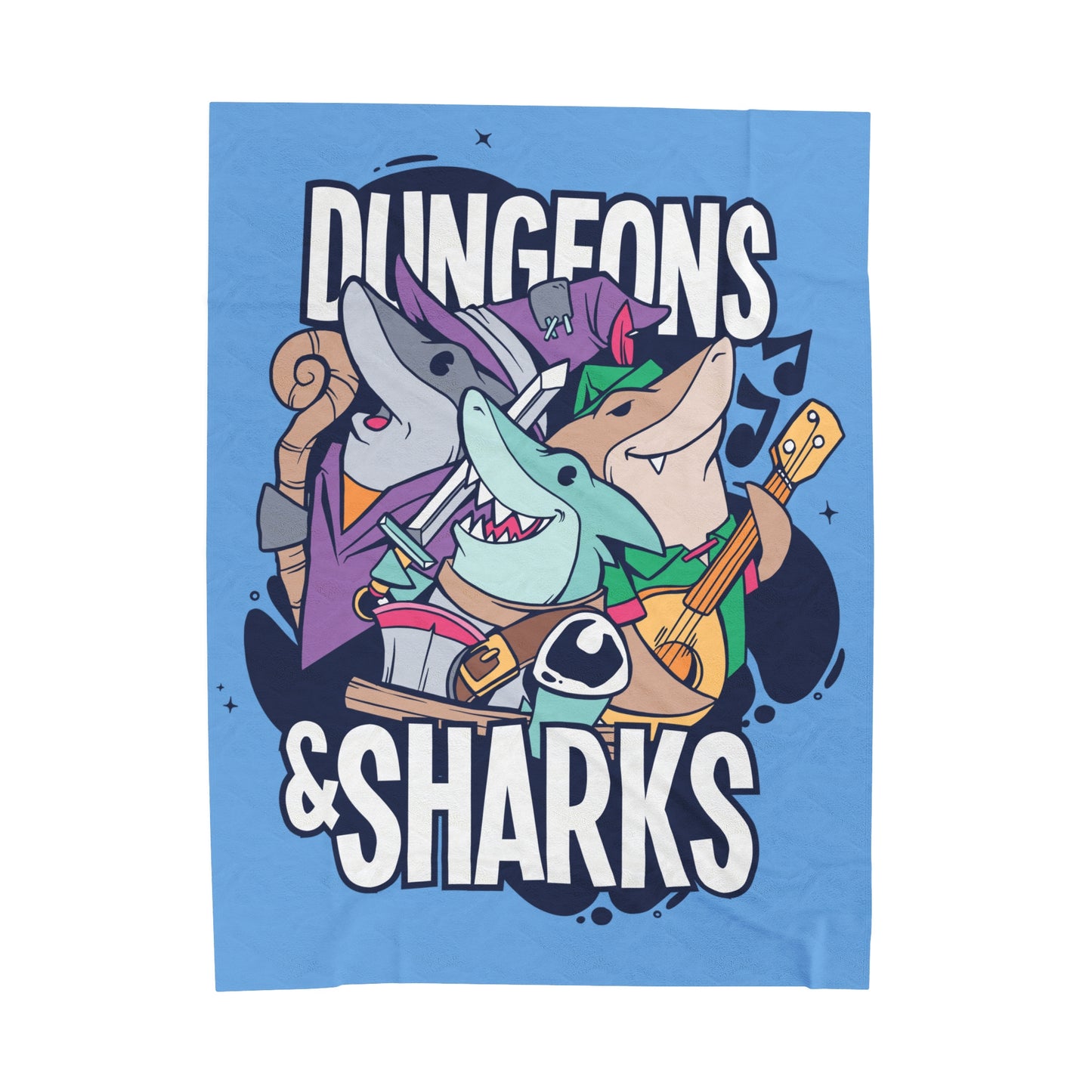 Dungeons and Sharks Velveteen Plush Throw Blanket | Funny Shark Lover Gift | Nerdy Parody Blanket | Fantasy Roleplaying Cozy Ocean Decor