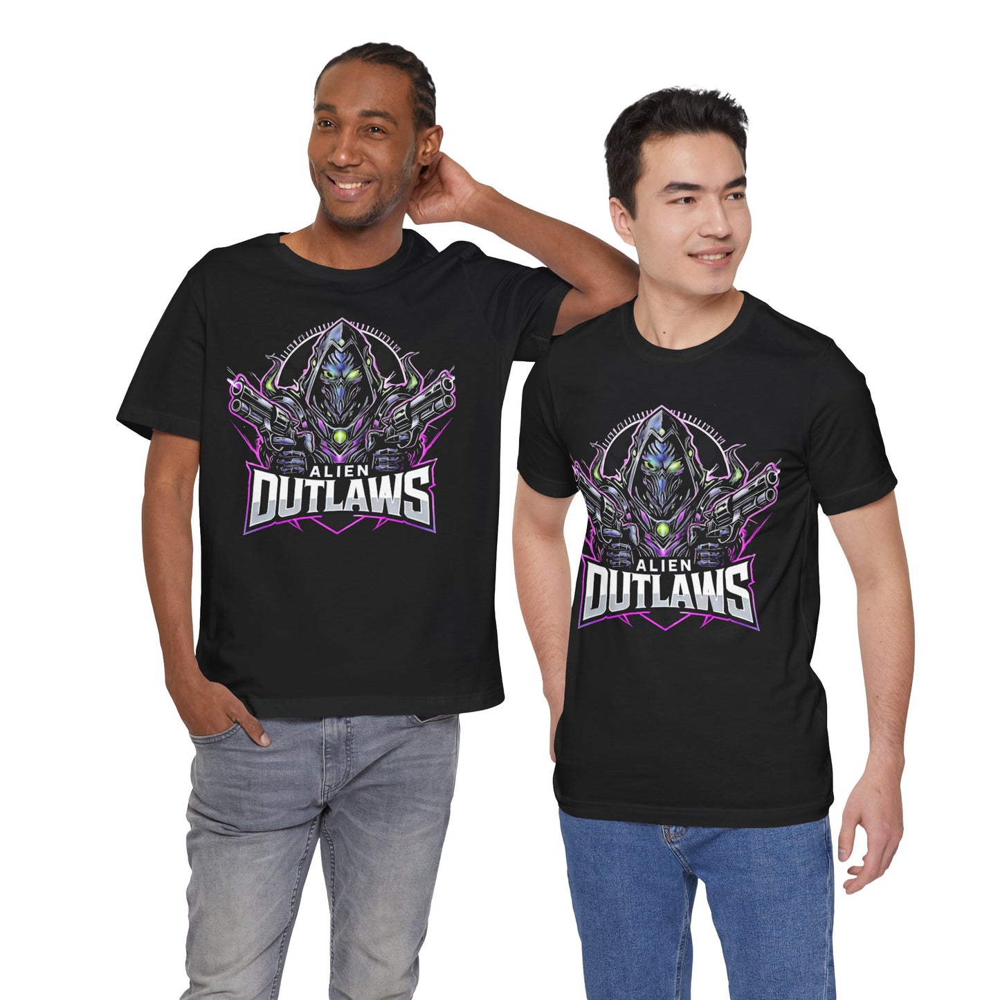 Alien Outlaws Shirt | Futuristic Space Gunslinger Design | Unique Gift for Sci-Fi Gaming Fans Esports Jersey Style Graphic Tee Funny Alien