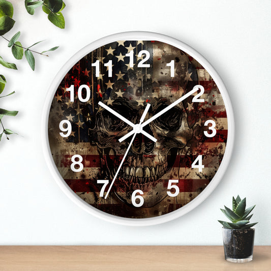 Skull with American Flag Wall Clock | Grunge Patriotic Art | Battery Operated | Bold USA Decor | Perfect Gift for Rebel Patriots