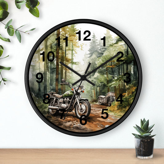 Vintage Motorcycle Wall Clock | Forest Scenic Tree View | Escape Adventure Art | Unique Biker Decor | Retro Motorcycle Gift Battery Operated