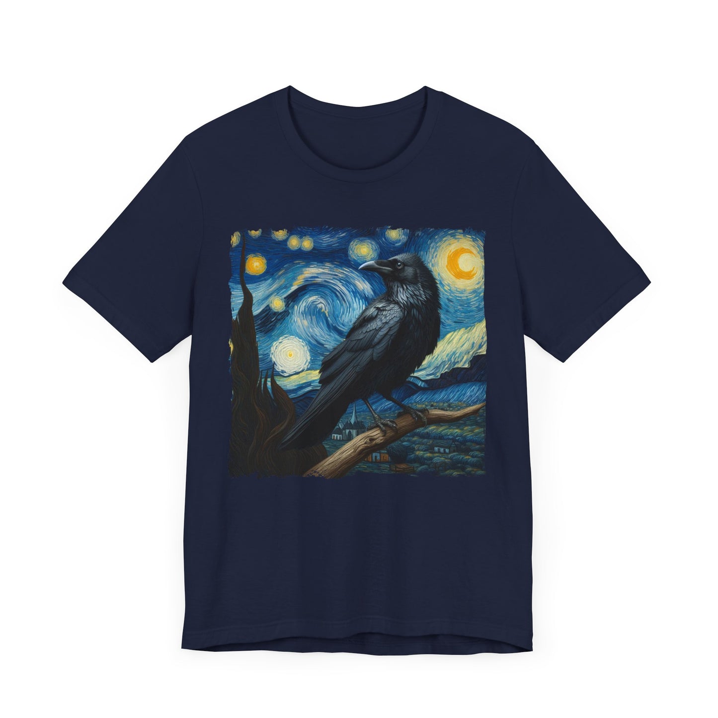 Black Raven Night Sky Shirt | Starry Night-Inspired Art with Majestic Raven | Gothic Bird Lover's Tee with Mystical Vibes Witchcraft Bird