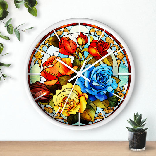 Round Floral Stained Glass Wall Clock | Colorful Vibrant Flower Design | Battery Operated | Unique Home Decor | Perfect Gift Flower Lovers