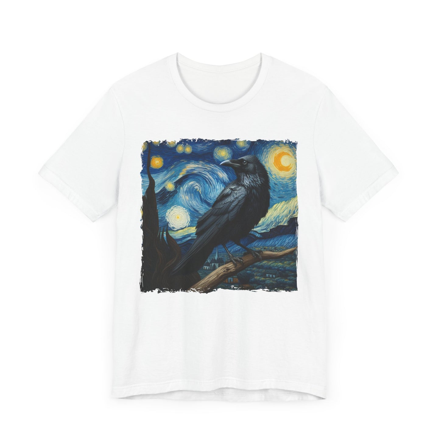 Black Raven Night Sky Shirt | Starry Night-Inspired Art with Majestic Raven | Gothic Bird Lover's Tee with Mystical Vibes Witchcraft Bird