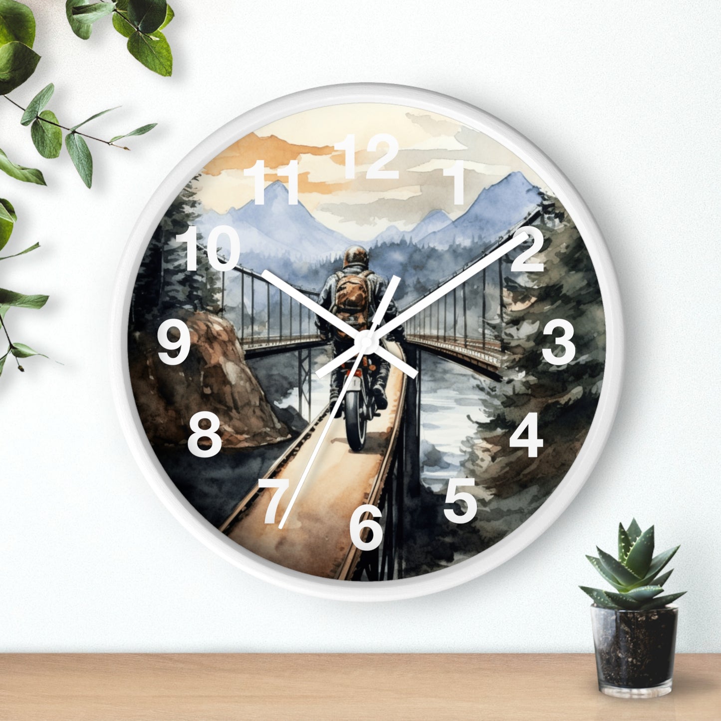 Scenic Bridge Wall Clock | Mountain Forest Peaceful Ride | Motorcycle Art | Unique Biker Decor Nature Adventure Gift Battery Operated Clock