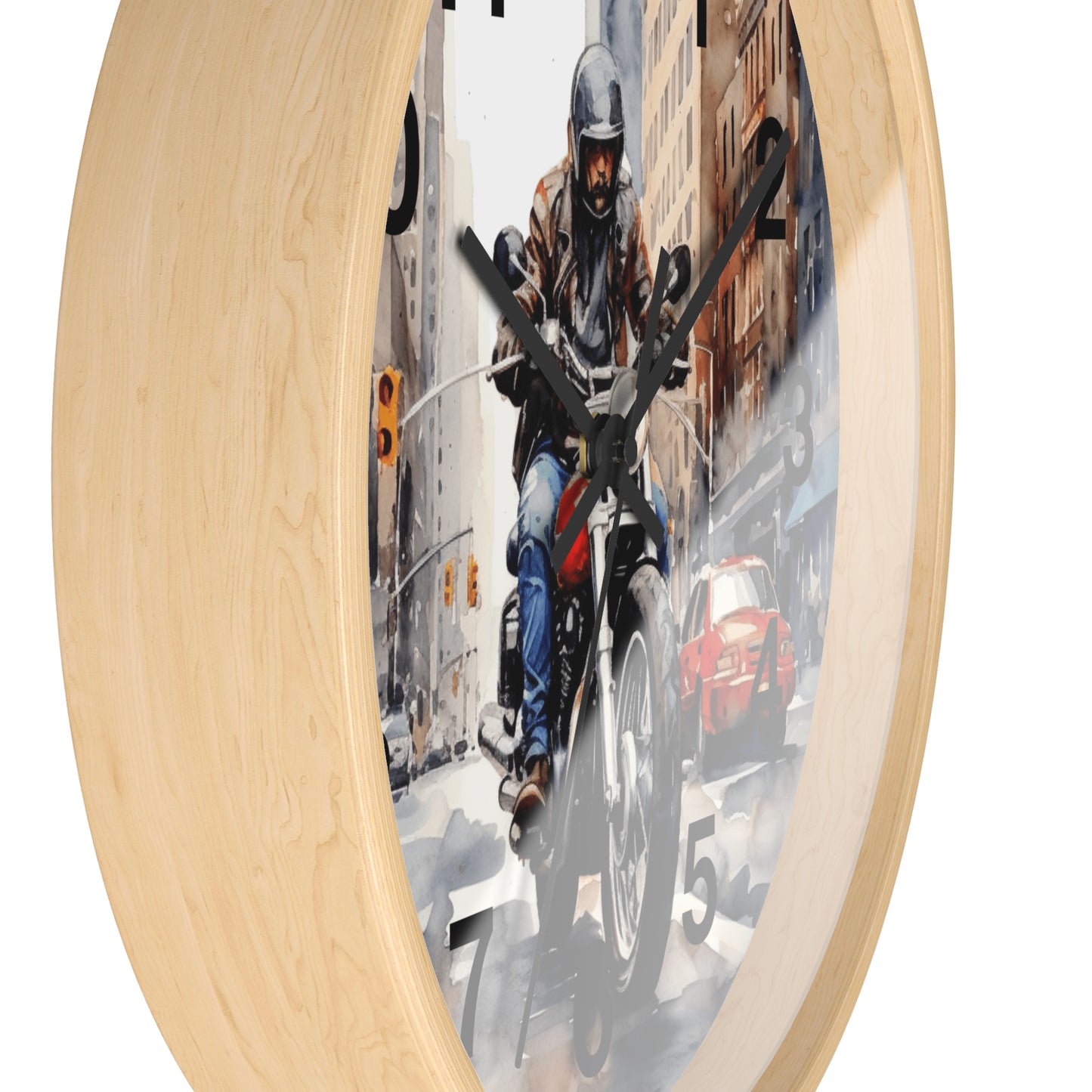 City Street Motorcycle Wall Clock | Urban Biker Decor | Rider Through City Art | Unique Gift for Bikers Cool Man Cave Clock Battery Operated