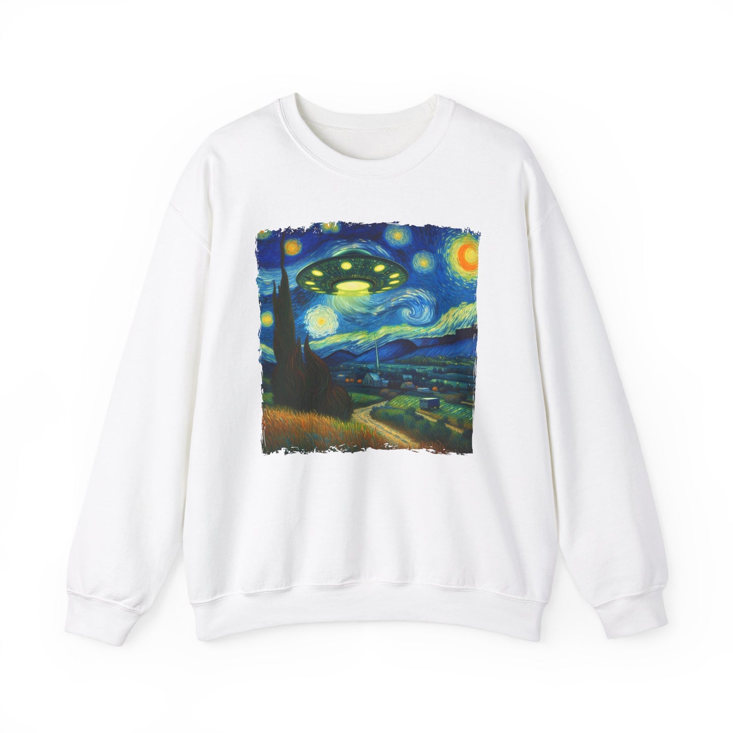 Alien UFO Night Sky Crewneck Sweater | Starry Night-Inspired Outer Space Art Pullover | Cosmic Sci-Fi  Sweatshirt Alien UFO Believers