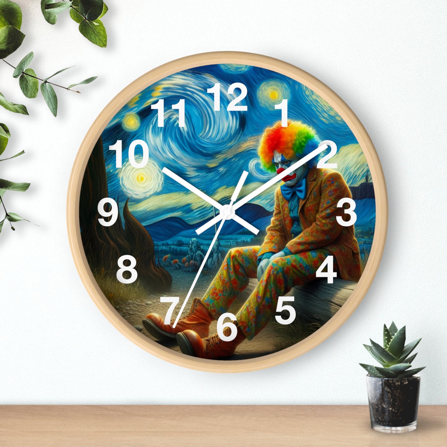 Sad Clown Night Sky Wall Clock | Battery Operated | Melancholic Art Inspired by Starry Night | Unique Gift Clown Lovers Artistic Wall Decor