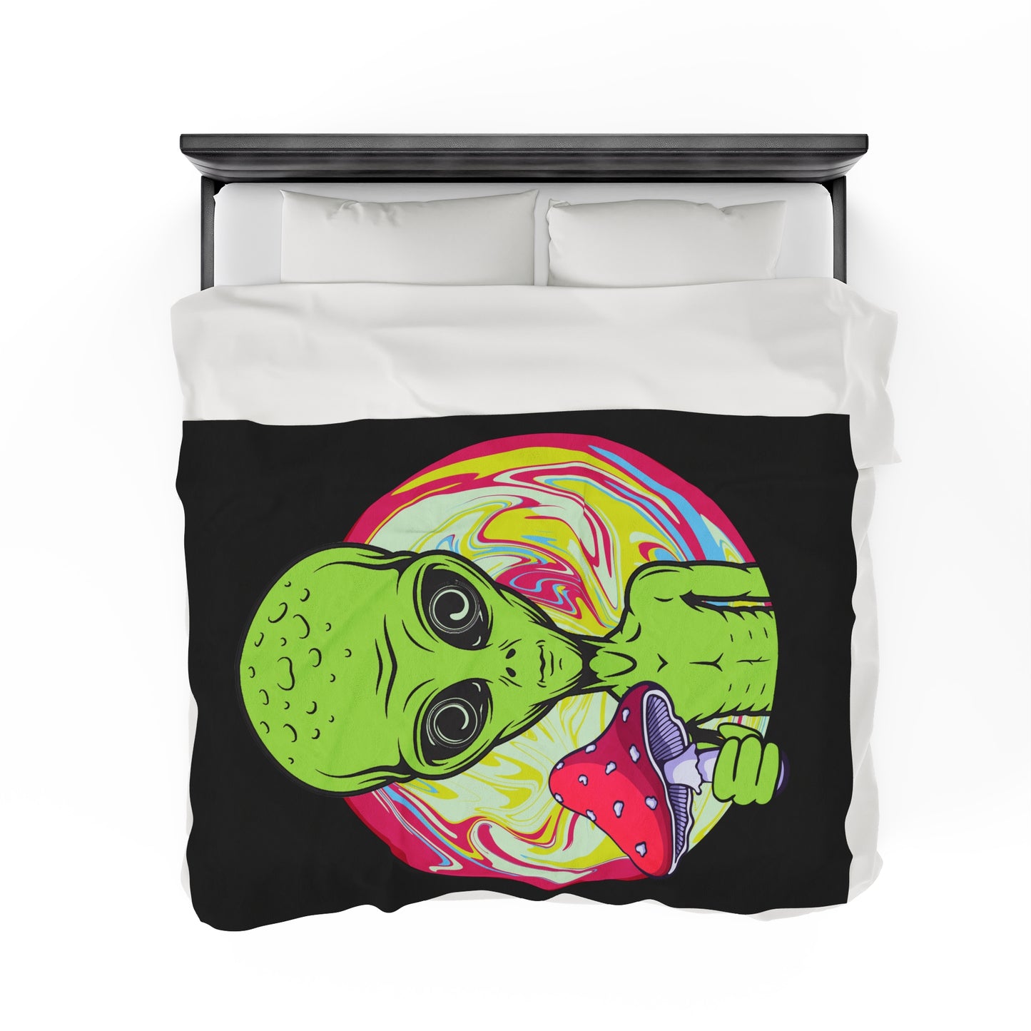 Alien Holding Mushroom Velveteen Plush Throw Blanket | Trippy Psychedelic Blanket | Rave Festival Accessory Cozy Gift Alien Mushroom Lovers