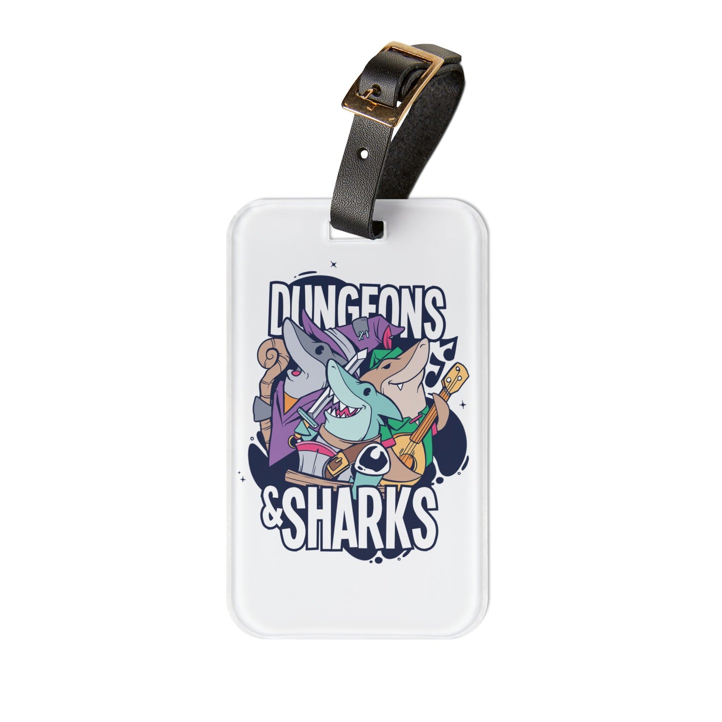 Dungeons and Sharks Luggage Tag | Funny Shark Lover Baggage ID | Nerdy Parody Travel Accessory | Fantasy Roleplaying Gift for Ocean Fans