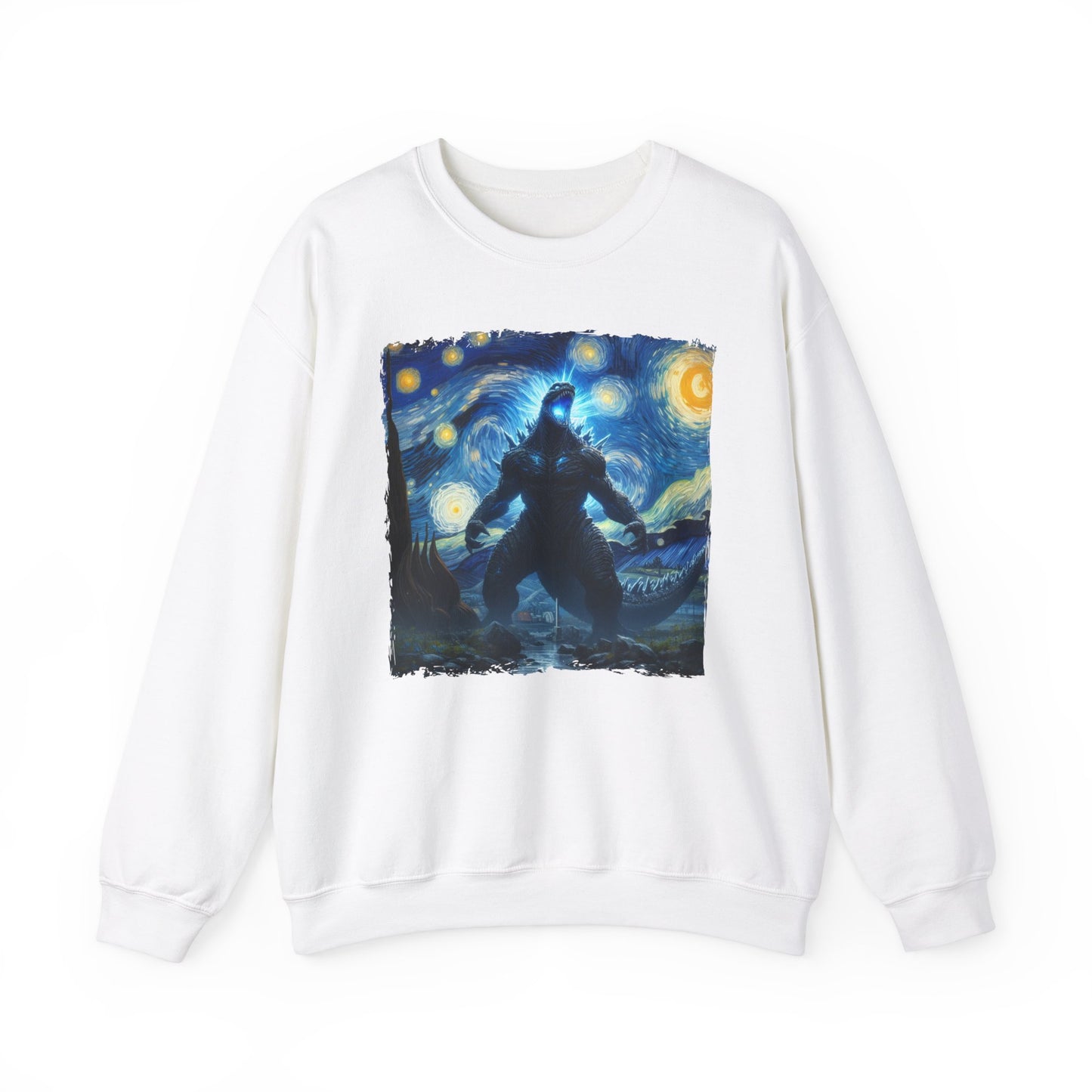 Giant Dinosaur Lizard Night Sky Crewneck Sweater | Kaiju-Inspired Starry Night Art Pullover | Epic Anime Monster Sweatshirt Dino Kaiju Fans