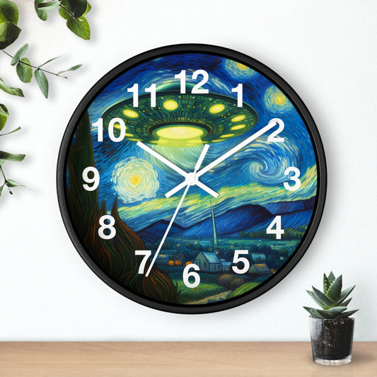 Alien UFO Night Wall Clock | Battery Operated | Starry Night-Inspired Outer Space Art | Perfect Gift for UFO Believers | Cosmic Wall Decor